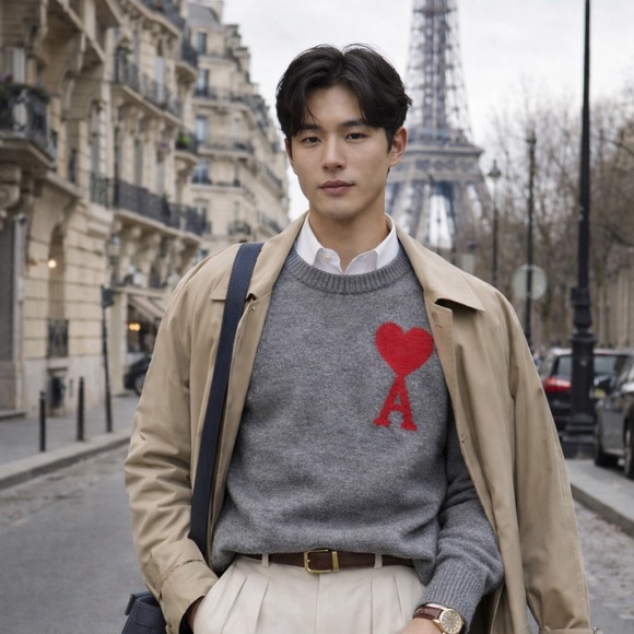 Ami Other - AMI Paris De Coeur Red Heart Intarsia Wool Sweater Grey Oversized Medium Unisex